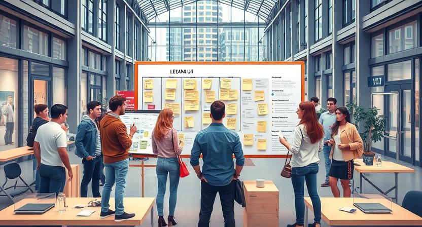 This is a group of people standing around a lean canvas. They're inside a glass atrium as seen above them.
