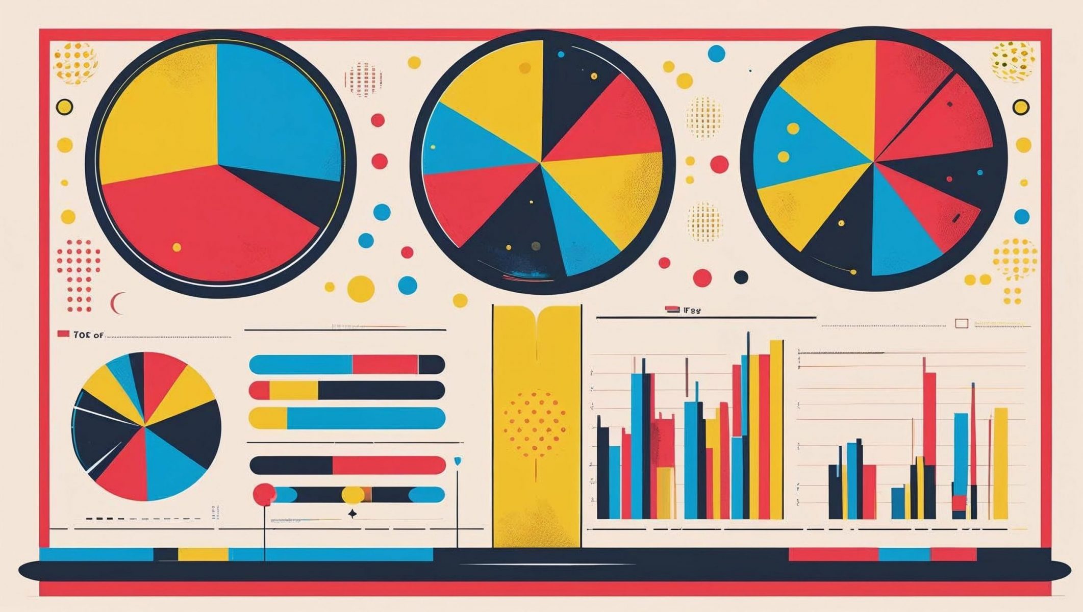 Professional pop art style design of survey results displayed as vibrant pie charts and bar graphs, using bold primary colors like electric blue, sunshine yellow, and fiery red, with high contrast outlines and a retro 1960s aesthetic featuring Ben-Day dots and bold sans-serif typography.