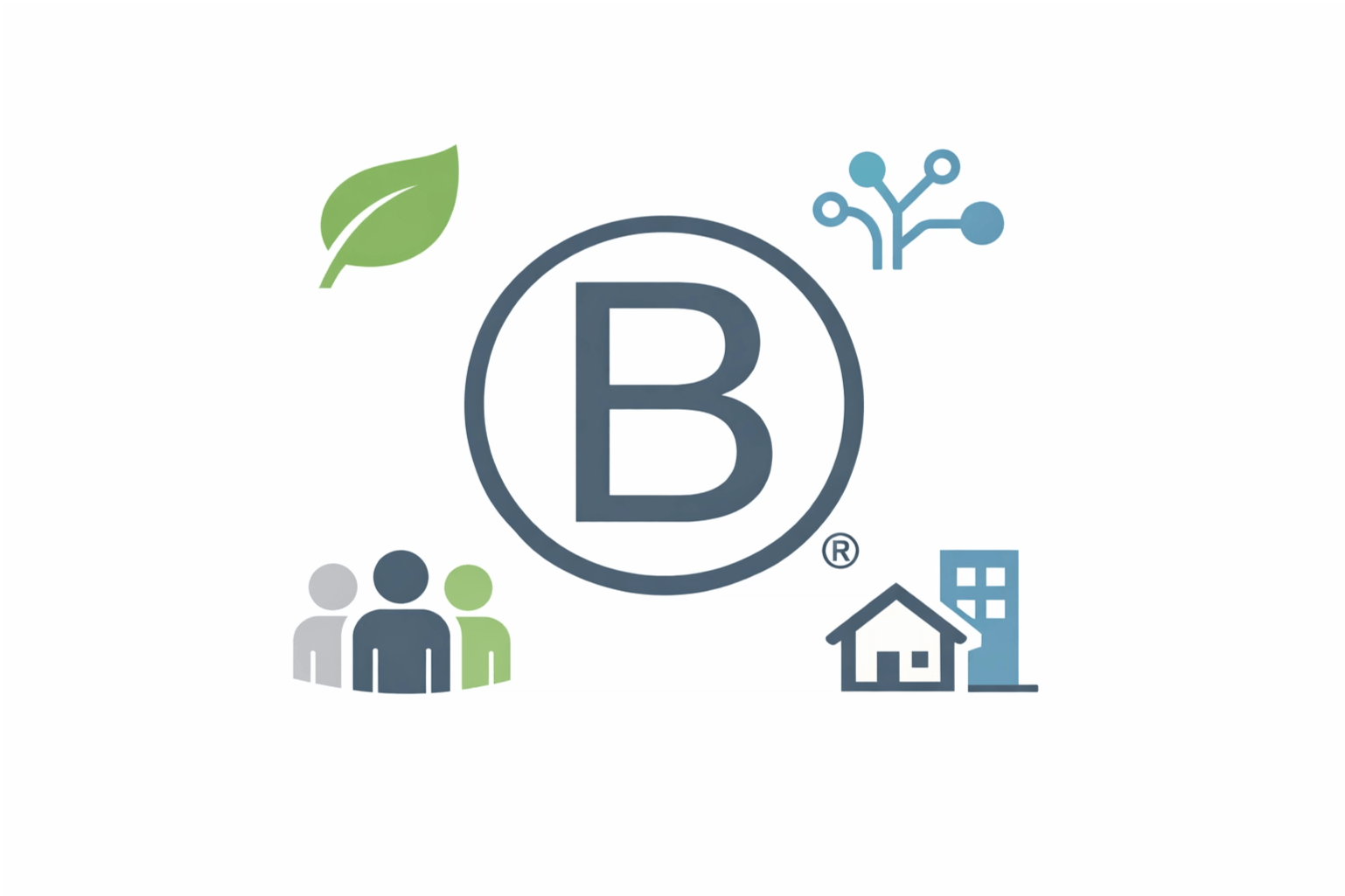 It features a clean, corporate design with the B Corp 'B' logo at the center, surrounded by simple icons representing the core pillars of the movement: sustainability (leaf), technology (circuit), and community (people).